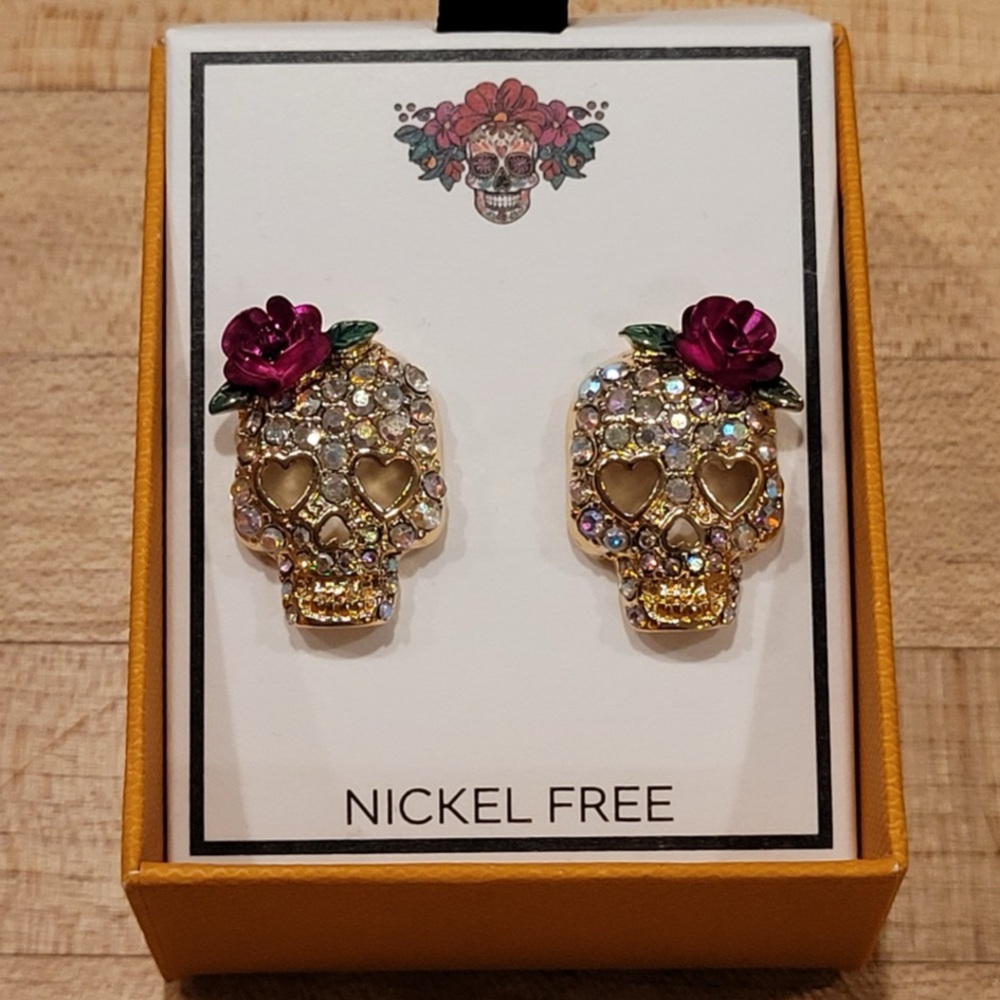 BELLA JACK Halloween Crystal-Studded Sugar Skull Day of Dead Earrings NEW NWT